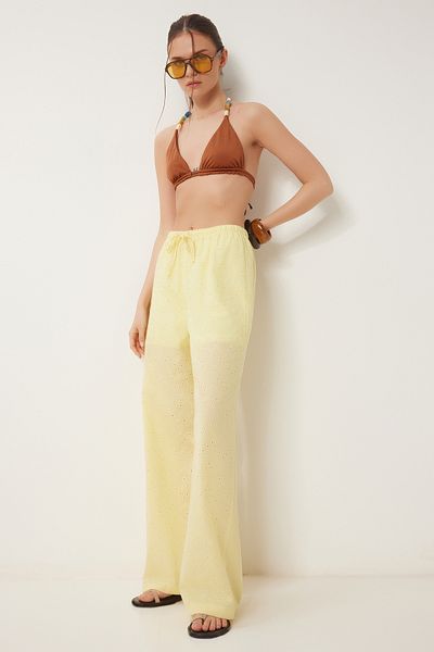 Happiness İstanbul Women's Yellow Scalloped Wide Leg Linen Trousers Rg00058