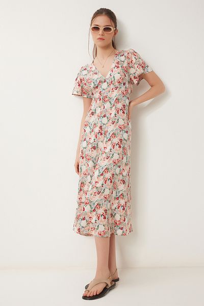 Happiness İstanbul Women's Brick Cream Floral Patterned Summer Viscose Dress Ub00382