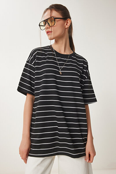 Happiness İstanbul Dámské černé pruhované oversize pletené tričko ZV00285
