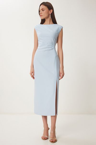 Happiness İstanbul Himmelblaues, wattiertes, drapiertes Midi-Webkleid für Damen WF00101
