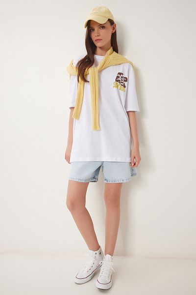 Happiness İstanbul Women's White Printed Cotton Knitted T-Shirt Zv00300