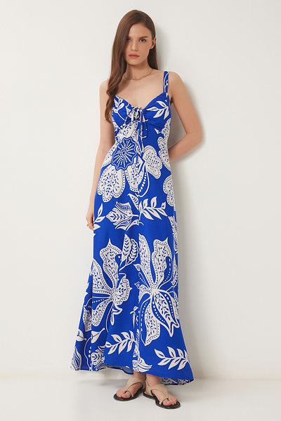 Happiness İstanbul Women's Dark Blue Bone Patterned Summer Midi Viscose Dress Rg00060