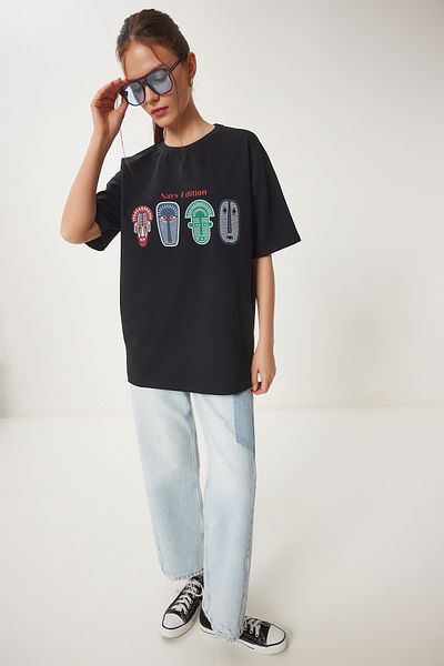 Happiness İstanbul Schwarzes Oversize-T-Shirt mit Print für Damen ZV00279