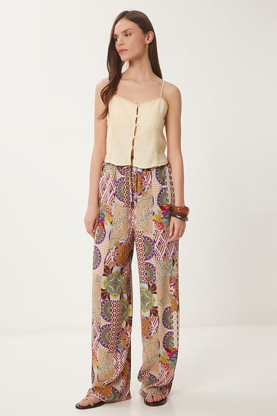 Happiness İstanbul Women's Cream Pink Patterned Summer Wide Leg Pants Cr00489
