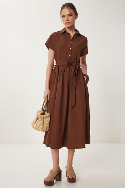 Happiness İstanbul Braunes Midi-Hemdkleid mit Gürtel für Damen UB00362