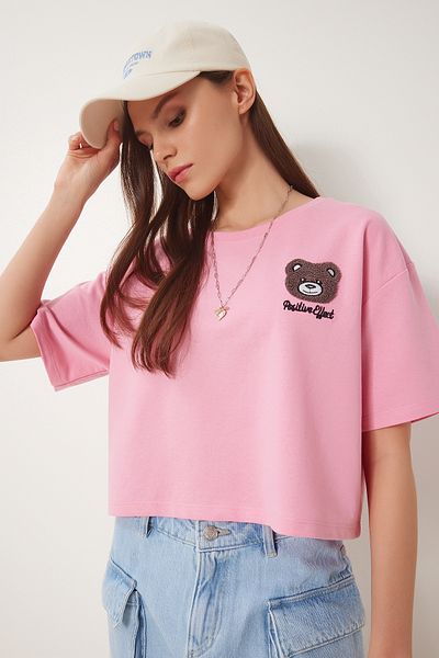 Happiness İstanbul Rosa Teddybär besticktes Crop-Strick-T-Shirt für Damen ZV00298