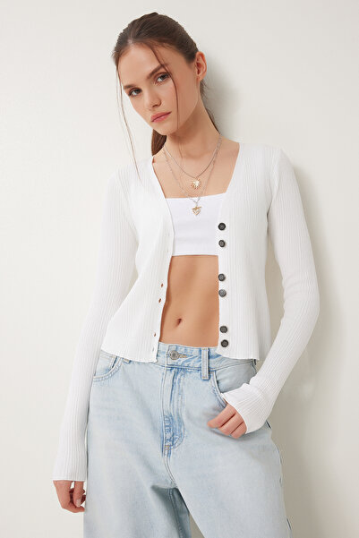 Happiness İstanbul Women's White Stylish Buttoned Summer Knitwear Cardigan Za00075