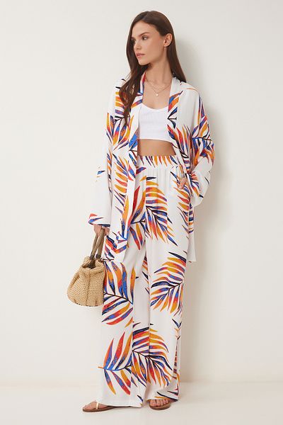 Happiness İstanbul Orange-weiß gemusterter Viskose-Kimono-Hosenanzug für Damen JE00002