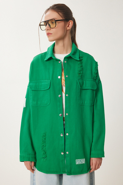 Happiness İstanbul Γυναικείο Σκούρο Πράσινο Σκισμένο Λεπτομερές Πουκάμισο Gabardine SA00035