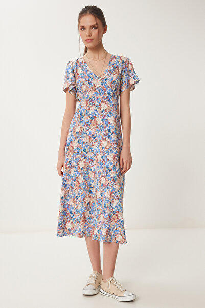 Happiness İstanbul Kadın Mavi Krem Çiçek Desenli Yazlık Viskon Elbise UB00382