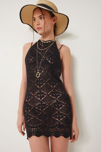 Happiness İstanbul Schwarzes, rückenfreies Mini-Strick-Strandkleid für Damen Kİ00118