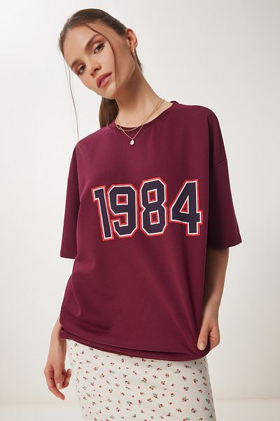 Happiness İstanbul Burgunderrotes Oversize-T-Shirt mit bedrucktem Strickmuster für Damen ZV00280