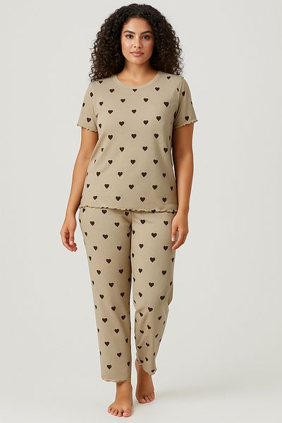 Trendyol Curve Mint Heart Slogan Rubber Detailliertes, geripptes Strick-Pyjama-Set TBBSS25AI00101