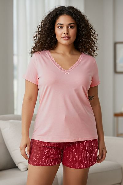 Trendyol Curve Burgundy-Multicolor V-Neck Lace Detail Knitted Pajama Set with Shorts Tbbss25Ai00072