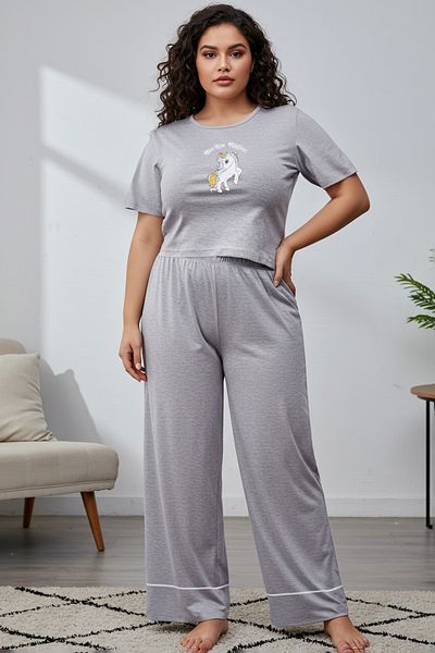 Trendyol Curve طقم بيجامة محبوكة باللون الرمادي - ساق واسعة، TBBAW23AI00040