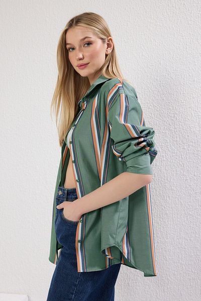 Trendyol Collection Khaki Striped Cotton Oversize Wide Fit Shirt Twoss25Go00112