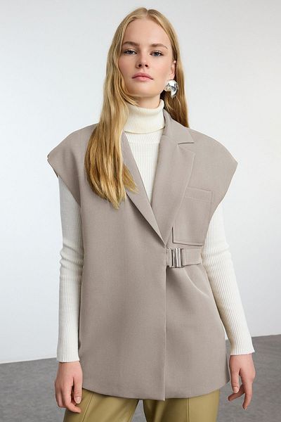 Trendyol Modest Beige Metal Accessory Detailed Woven Fabric Vest Tctaw25Yl00004