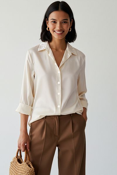 Edit by Trendyol Beige Collar Stone Detailed Woven Shirt Tedss25Tg00001