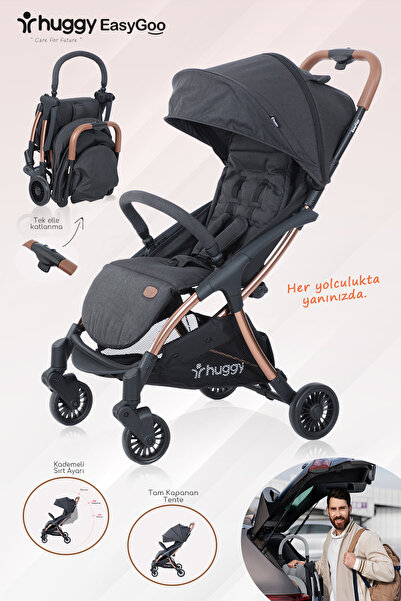 Huggy Easy Go Kabin Boy Hafif ve Portatif Otomatik Katlanır Bebek Arabası Siyah