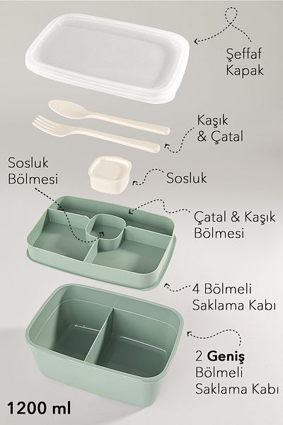 Meleni Home 2 Layer Divided Lunch Box - Food Transport Storage Container Diet Lunch Box Sauce Bowl Spoon Fork Green