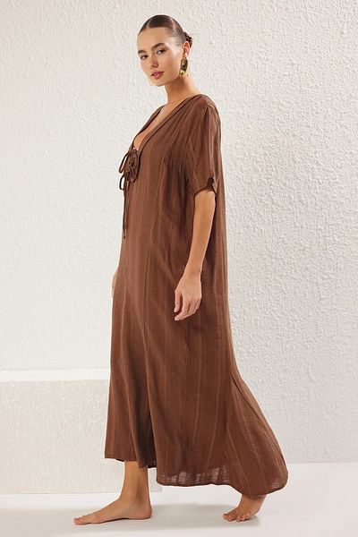 Trendyol Collection Brown Maxi Woven Tie Linen Look Beach Dress Tbess25El00022