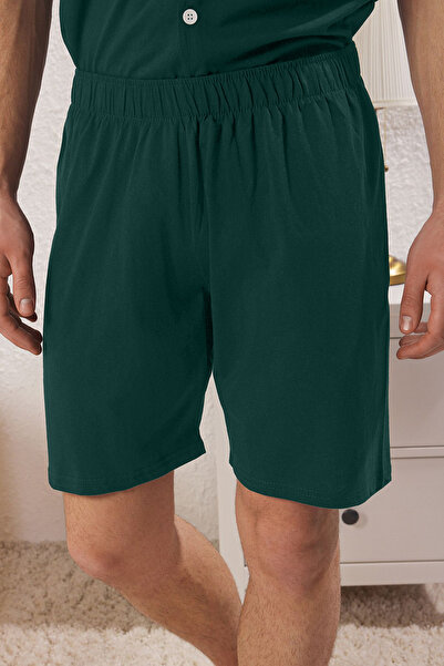 Trendyol Collection Πράσινο σετ πλεκτής πιτζάμες με κουμπιά κανονικής εφαρμογής με λεπτομέρεια σορτς TMNSS25PT00047