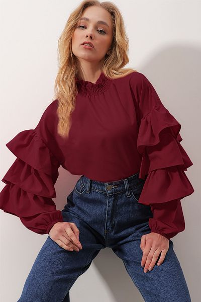 Trend Alaçatı Stili Burgunderrote Rollkragenbluse mit Faltenärmeln und gewebter Bluse für Damen ALC-X9762