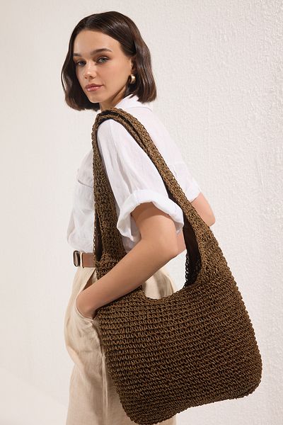 TRENDYOL SHOES Brown Straw Hand Knitted Shoulder Bag Takss25Oc00082