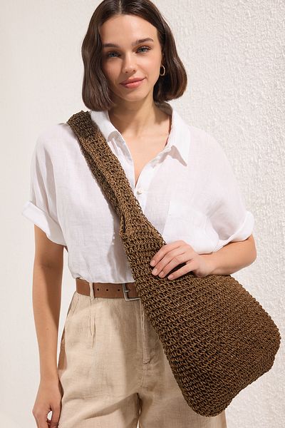 TRENDYOL SHOES Brown Straw Hand Knitted Shoulder Bag Takss25Oc00082