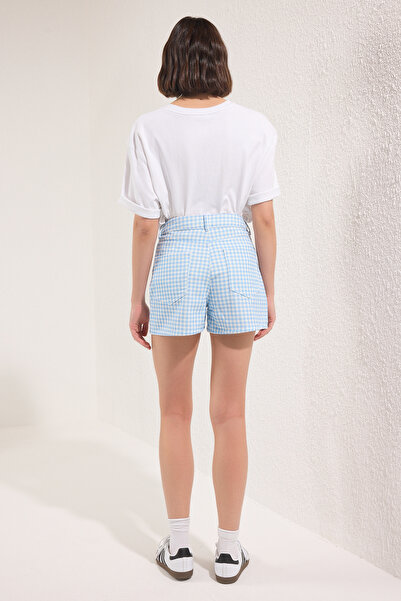Trendyol Collection Blue Gingham High Waist City Boy Denim Shorts Twoss25Sr00219
