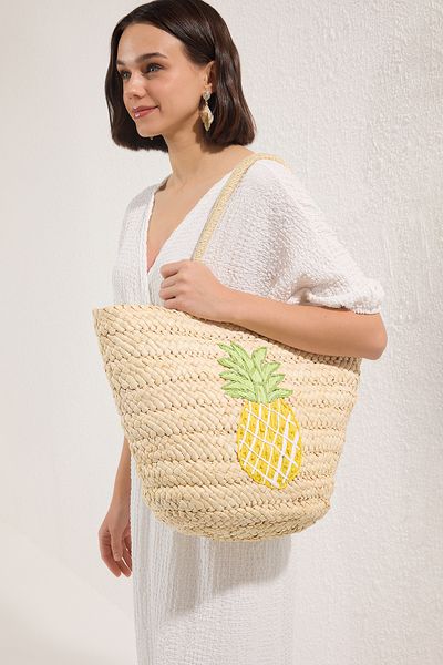 TRENDYOL SHOES Beige Pineapple Embroidered Straw Women's Shoulder Bag Takss25Oc00084