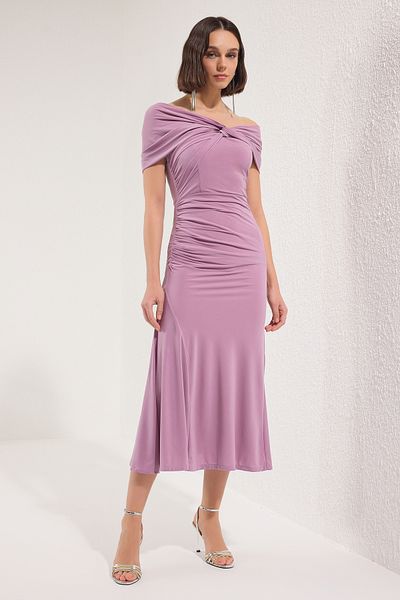 Trendyol Collection Pink Asymmetrical Neckline Knitted Stylish Evening Dress Night Graduation Dress Tprss24El00046