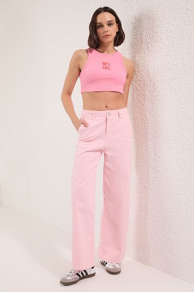 Trendyol Collection Rózsaszín gombos részletek magas derekú széles szárú farmer TWOSS25JE00183