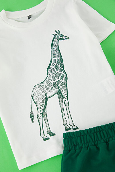 TRENDYOLKIDS Ecru Male Child 100% Cotton Giraffe Printed Short Sleeve Knitted Bottom-Top Suit Tkdss25Au00154