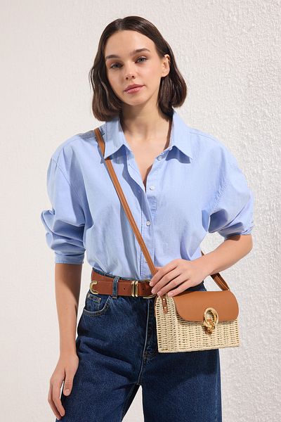 TRENDYOL SHOES Beige Straw Contrast Women's Shoulder Bag Takss25Oc00083