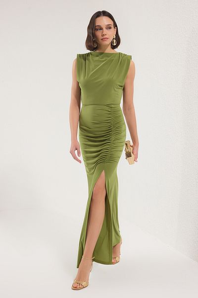 Trendyol Collection Oil Green Body-Fitting Draped Woven Long Stylish Evening Dress Night Graduation Dress Tprss24Ae00226