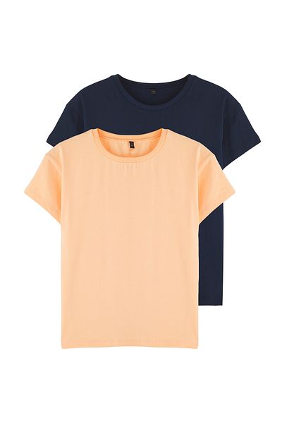 TRENDYOLKIDS Navy Blue-Orange 2-Piece Unisex 100% Cotton Basic Short Sleeve Knitted T-Shirt Tkdss25Ts00102