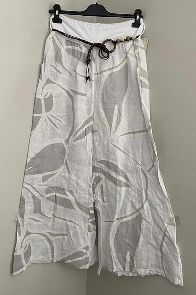 AYASOFYA OTANTIK Women's Italian White Rope Belt Detailed Loose Wide Leg Patterned 100% Linen Trousers with Side Pockets