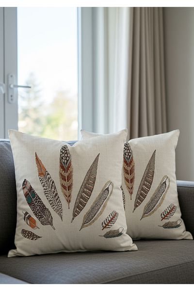 Sakallı Luck Feather Patterned Beige Floor Decorative Gift Velvet Set of 2 Pillow and Throw Pillow Cases