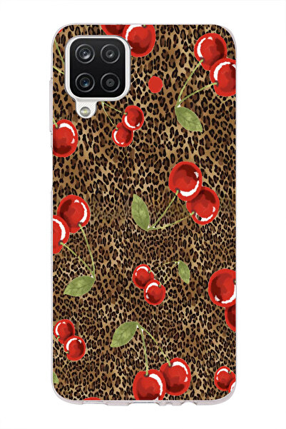 moonset Samsung Galaxy A12/M12 Uyumlu Leopar ve Kiraz Tasarımlı Baskılı Şeffa...