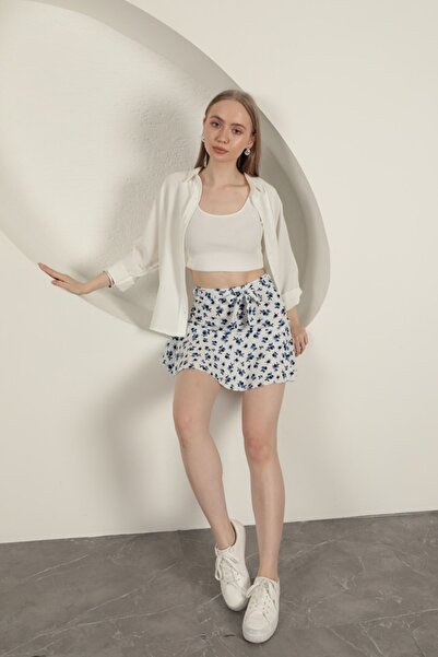 Remon Bürümcük Flower Pattern Shorts Skirt-Sax