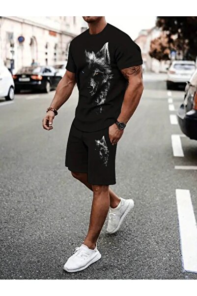 Frisson Set tricou cu mânecă scurtă și pantaloni scurți cu imprimeu lup pentr...