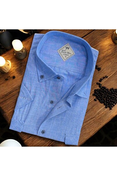 EREN STYLE Ανδρικό πουκάμισο με κοντό μανίκι κλασικό λινό με διπλή τσέπη (καν...