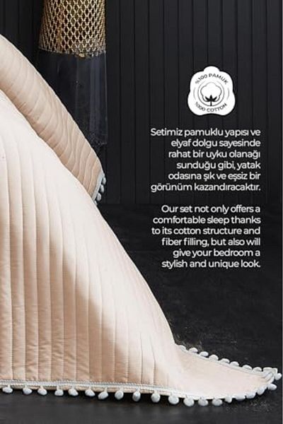 STOREMAX Pompon 3 Piece Bedspread Ç.K Cappuccino