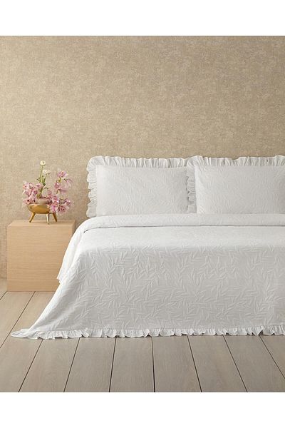 STOREMAX Bystoreby Home Alvin Cotton Frilly Double Bed Cover Set 220X240 cm White Ne