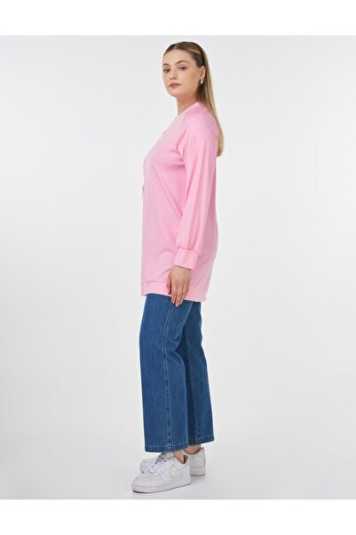 Kayra Ribanalı Sıfır Yaka Penye Sweatshirt Şeker Pembe