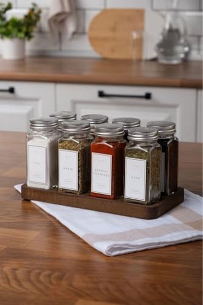STOREMAX Bystoreby Glass Spice Rack Set with Wooden Stand, Silver Lid, White Label Spice Rack Set