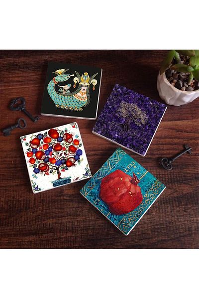 STOREMAX Sellbuystore Tree of Life, Shahmeran, Pomegranate Tree, Pomegranate Stone Coaster Set - 4 Pieces - Dek