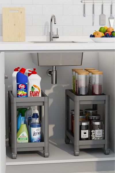 STOREMAX Bystoreby Life 2Pcs 2 Tiers under Counter with Wheels Gray Bathroom Kitchen Shelf Mit1124 Newdesing 6462
