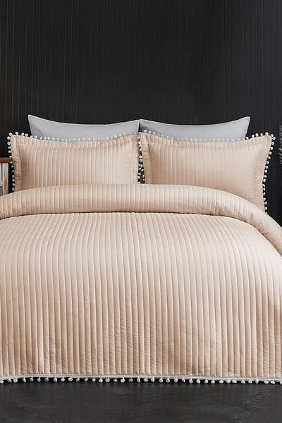STOREMAX Pompon 3 Piece Bedspread Ç.K Cappuccino